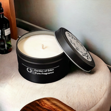 Load image into Gallery viewer, Chic Looking Matt Black Travel Tin, Extra Large, Natural Soy Wax Candle, 185g - Highly Scented Fragrances - Garden of Eden Pure Fragrance