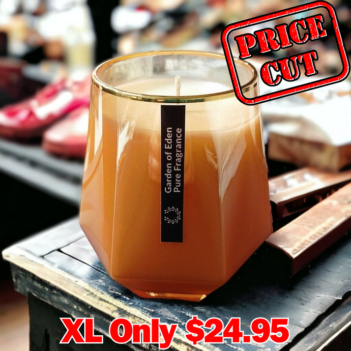 PRICE CUT... The MONACO X Large, Soft Gold Glass Jar, with Gold Rim,  430g Natural Soy Wax Candle - Garden of Eden Pure Fragrance