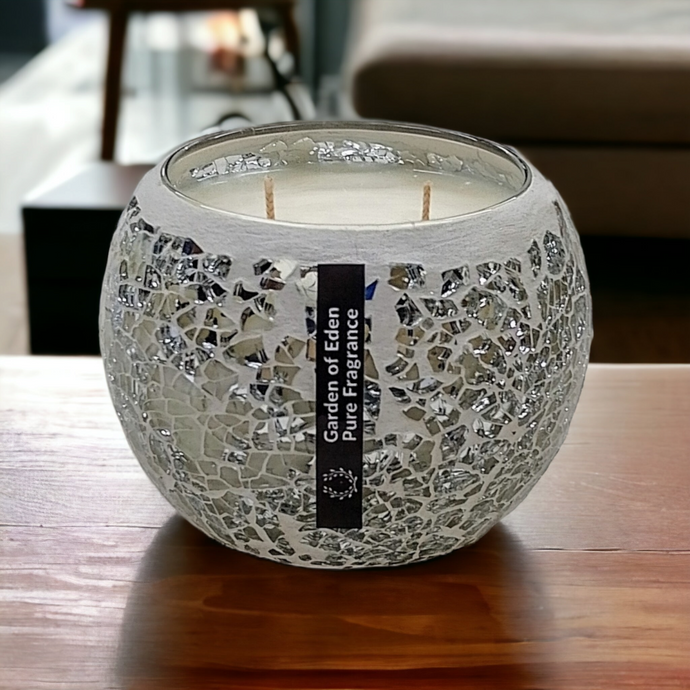 Silver Mosaic Extra Large Natural Soy Wax Candles 430g - Highly Scented Fragrances - Garden of Eden Pure Fragrance