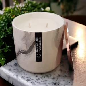 Deluxe Range - Stunning Ceramic Marble X Large Jar with Rose Gold Slimline Lid, 450g Double Wicked, Natural Soy Wax Candle - Highly Scented Fragrances - Garden of Eden Pure Fragrance