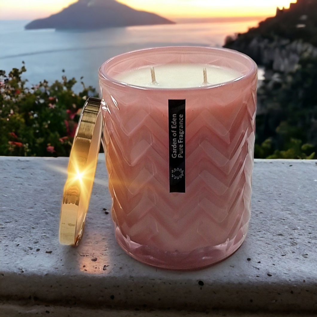 XX Large 650g Glamorous Soft Pink Glass Jar With Gold Lid, Natural Soy Wax Candle - Highly Scented Fragrances - Garden of Eden Pure Fragrance