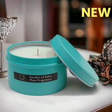 Load image into Gallery viewer, Fashionable Tiffany Blue Tin, Extra Large, Natural Soy Wax Candle, 185g - Highly Scented Fragrances - Garden of Eden Pure Fragrance