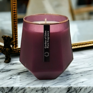 "The Florence" Purple X Large, Hexagonal Glass Jar, with Gold Rim, Natural Soy Wax Candle, 430g - Garden of Eden Pure Fragrance