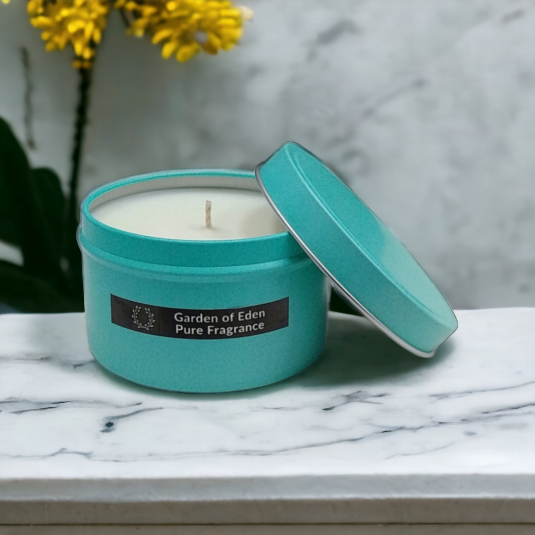 Fashionable Tiffany Blue Tin, Extra Large, Natural Soy Wax Candle 200g - Highly Scented Fragrances - Garden of Eden Pure Fragrance