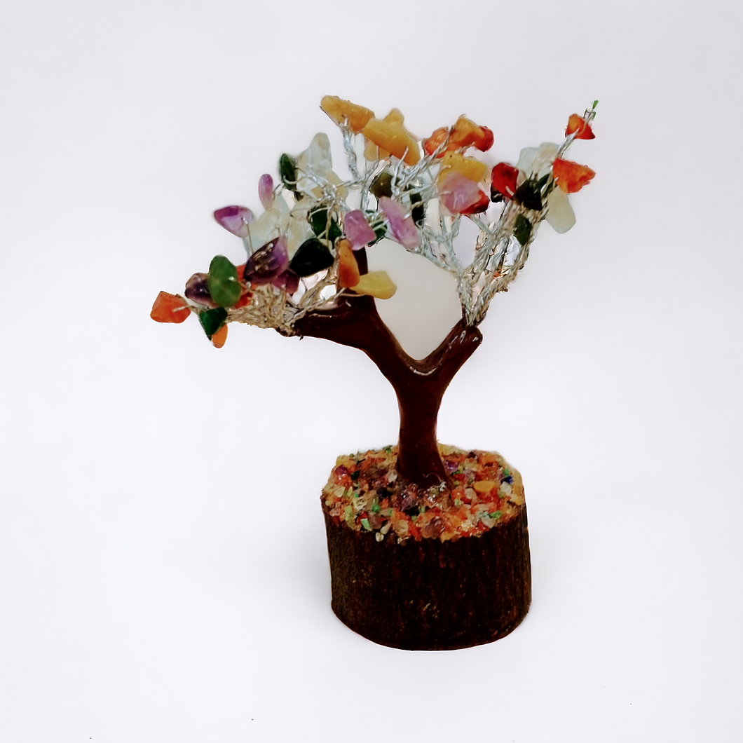 Multi Colour 12cm High Chakra Wish List Gemstone Tree With Timber Base - Garden of Eden Pure Fragrance