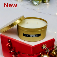 Load image into Gallery viewer, Gold Coloured Christmas Candle 11cm Wide Tin, Double Wicked Natural Soy Wax Candle, 360g