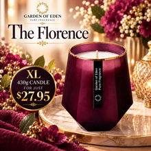 Load image into Gallery viewer, PRICE CUT!!...The Florence Purple X Large, Hexagonal Glass Jar, with Gold Rim, Natural Soy Wax Candle, 430g - Garden of Eden Pure Fragrance