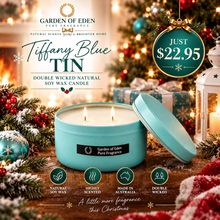 Load image into Gallery viewer, Budget Buy Large 11cm Wide Tiffany Blue Tin, Double Wicked Natural Soy Wax Candle, 360g - Garden of Eden Pure Fragrance