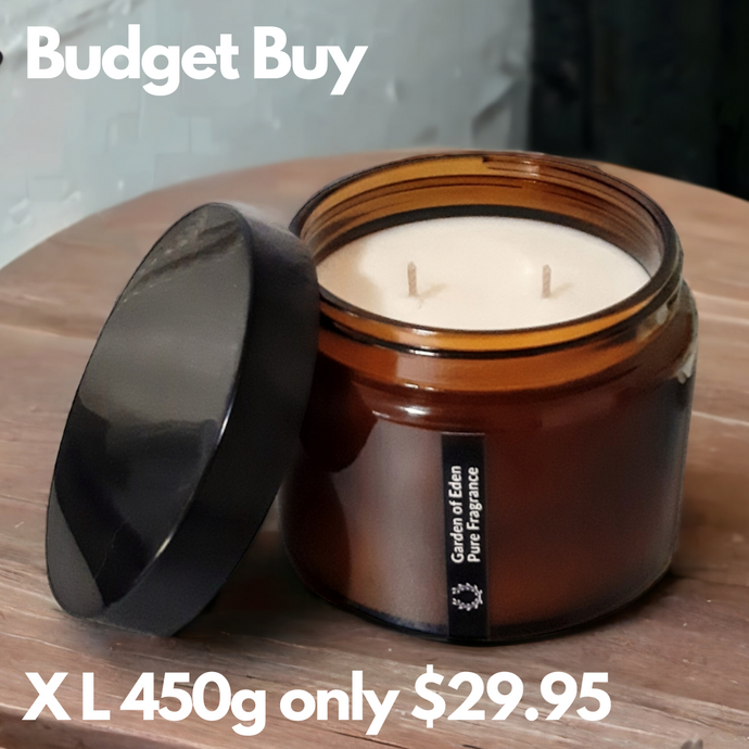 BUDGET BUY Amber X Large 450g Glass Jar, with Black Lid, Natural Soy Wax Candle - Garden of Eden Pure Fragrance