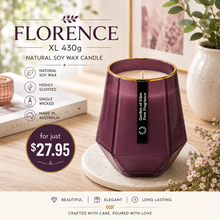 Load image into Gallery viewer, PRICE CUT!!...The Florence Purple X Large, Hexagonal Glass Jar, with Gold Rim, Natural Soy Wax Candle, 430g - Garden of Eden Pure Fragrance