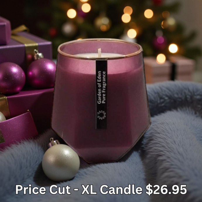 PRICE CUT!!...The Florence Purple X Large, Hexagonal Glass Jar, with Gold Rim, Natural Soy Wax Candle, 430g - Garden of Eden Pure Fragrance