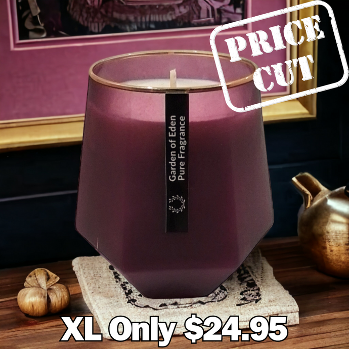 PRICE CUT!!...The Florence Purple X Large, Hexagonal Glass Jar, with Gold Rim, Natural Soy Wax Candle, 430g - Garden of Eden Pure Fragrance