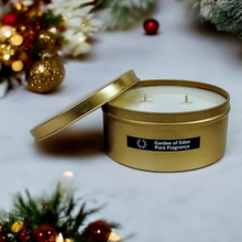 Load image into Gallery viewer, Gold Coloured Christmas Candle 11cm Wide Tin, Double Wicked Natural Soy Wax Candle, 360g