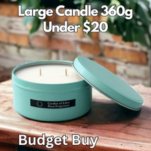 Load image into Gallery viewer, Budget Buy Large 11cm Wide Tiffany Blue Tin, Double Wicked Natural Soy Wax Candle, 360g - Garden of Eden Pure Fragrance