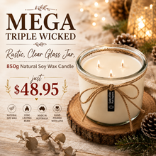 Load image into Gallery viewer, MEGA TRIPLE WICKED Rustic, Clear Glass Jar, 850g Natural Soy Wax Candle, - Garden of Eden Pure Fragrance