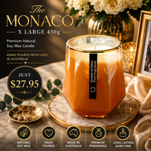 Load image into Gallery viewer, PRICE CUT... The MONACO X Large, Soft Gold Glass Jar, with Gold Rim,  430g Natural Soy Wax Candle - Garden of Eden Pure Fragrance