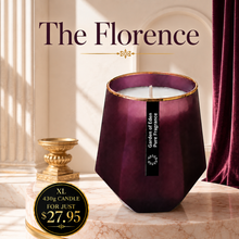Load image into Gallery viewer, PRICE CUT!!...The Florence Purple X Large, Hexagonal Glass Jar, with Gold Rim, Natural Soy Wax Candle, 430g - Garden of Eden Pure Fragrance