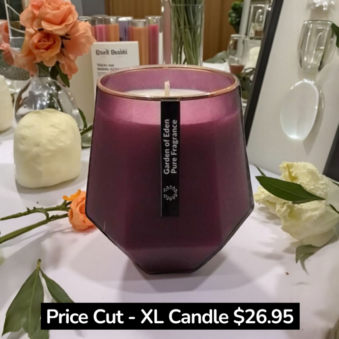 PRICE CUT!!...The Florence Purple X Large, Hexagonal Glass Jar, with Gold Rim, Natural Soy Wax Candle, 430g - Garden of Eden Pure Fragrance