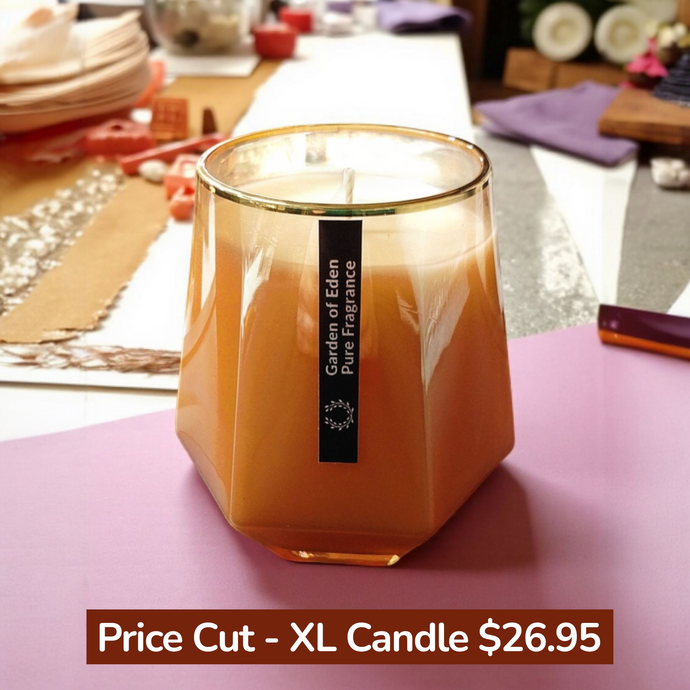 PRICE CUT... The MONACO X Large, Soft Gold Glass Jar, with Gold Rim,  430g Natural Soy Wax Candle - Garden of Eden Pure Fragrance