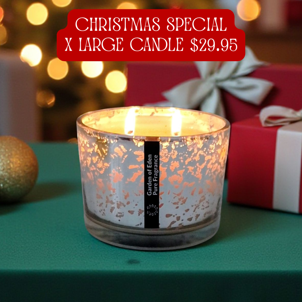 Christmas Silver Sparkle Shallow Glass Jar, X Large Natural Soy Wax Candle 400g - Highly Scented Fragrances