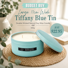 Load image into Gallery viewer, Budget Buy Large 11cm Wide Tiffany Blue Tin, Double Wicked Natural Soy Wax Candle, 360g - Garden of Eden Pure Fragrance
