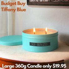 Load image into Gallery viewer, Budget Buy Large Iconic Tiffany Blue Tin, Double Wicked Natural Soy Wax Candle 360g - Highly Scented Fragrances - Garden of Eden Pure Fragrance