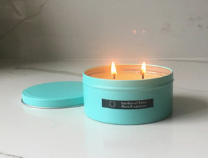 Budget Buy Large Iconic Tiffany Blue Tin, Double Wicked Natural Soy Wax Candle 360g - Highly Scented Fragrances - Garden of Eden Pure Fragrance