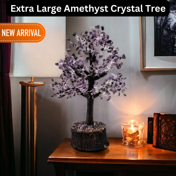 Extra Large 33cm High Amethyst Purple Crown Chakra Crystal Tree With 10cm Wide Timber Base - Garden of Eden Pure Fragrance
