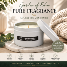 Load image into Gallery viewer, Matt White Travel Tin, 200g Natural Soy Wax Candle - Garden of Eden Pure Fragrance